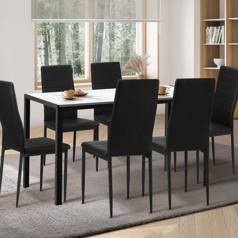 Oikiture 140cm Rectangle Dining Table with 6PCS Dining Chairs Marble White &amp; Black-Dining Set-PEROZ Accessories