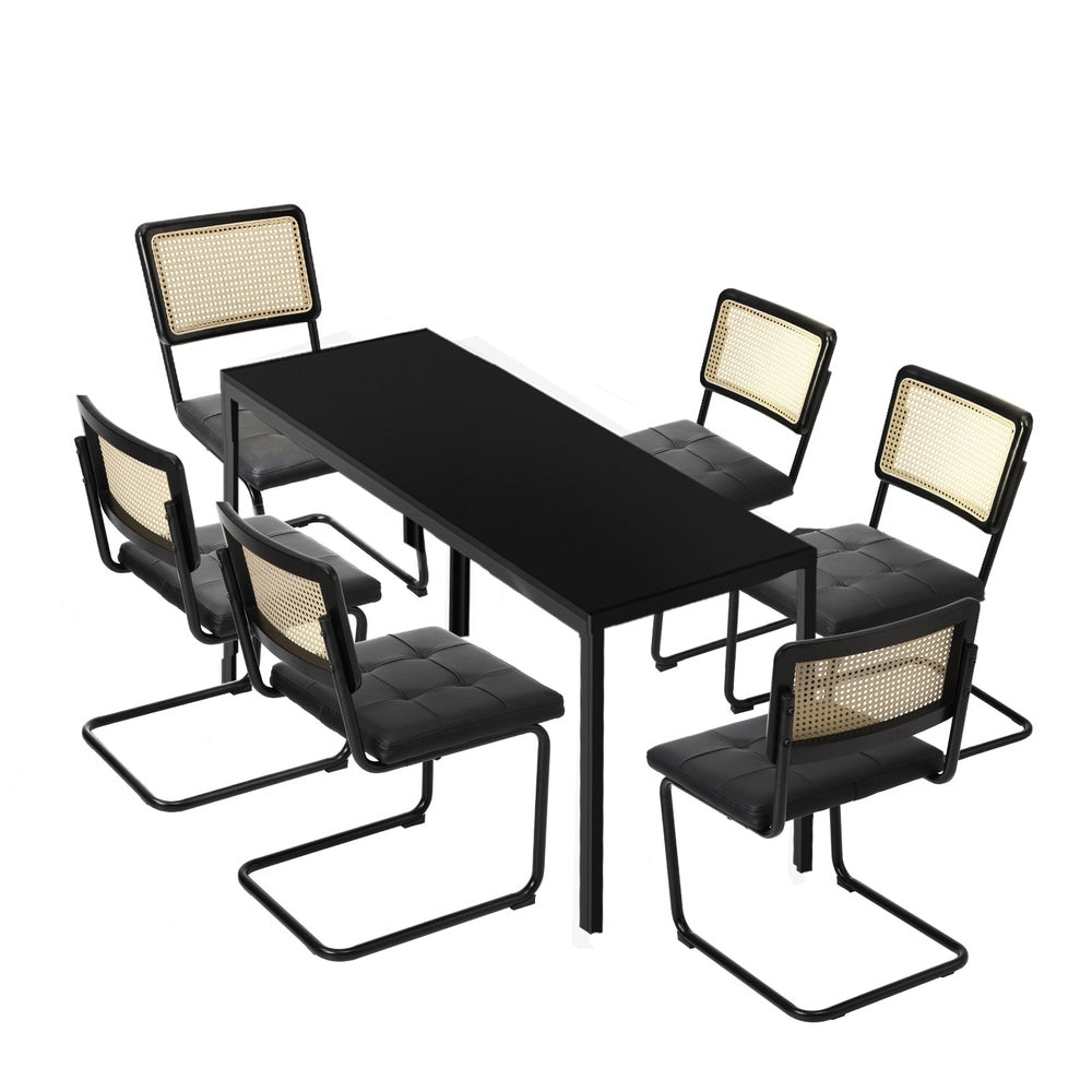 Oikiture 140cm Rectangle Dining Table with 6PCS Dining Chairs Leather Black-Dining Sets-PEROZ Accessories