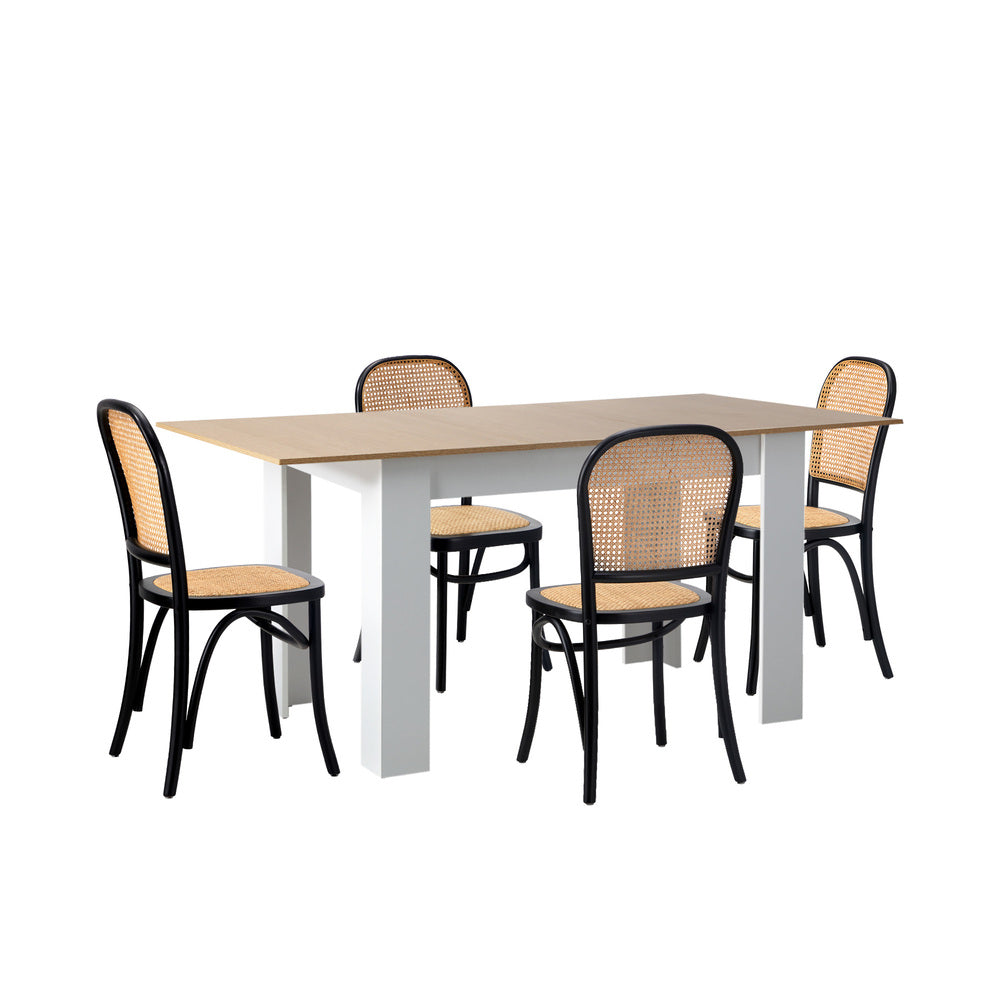 Oikiture 160cm Extendable Dining Table with 4PCS Chairs Rattan White-Dining Set-PEROZ Accessories