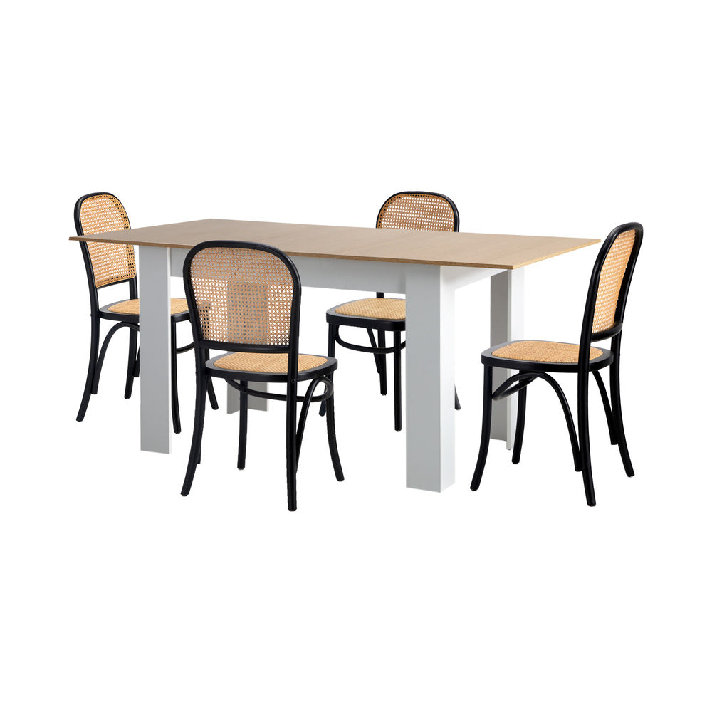 Oikiture 160cm Extendable Dining Table with 4PCS Chairs Rattan White-Dining Set-PEROZ Accessories