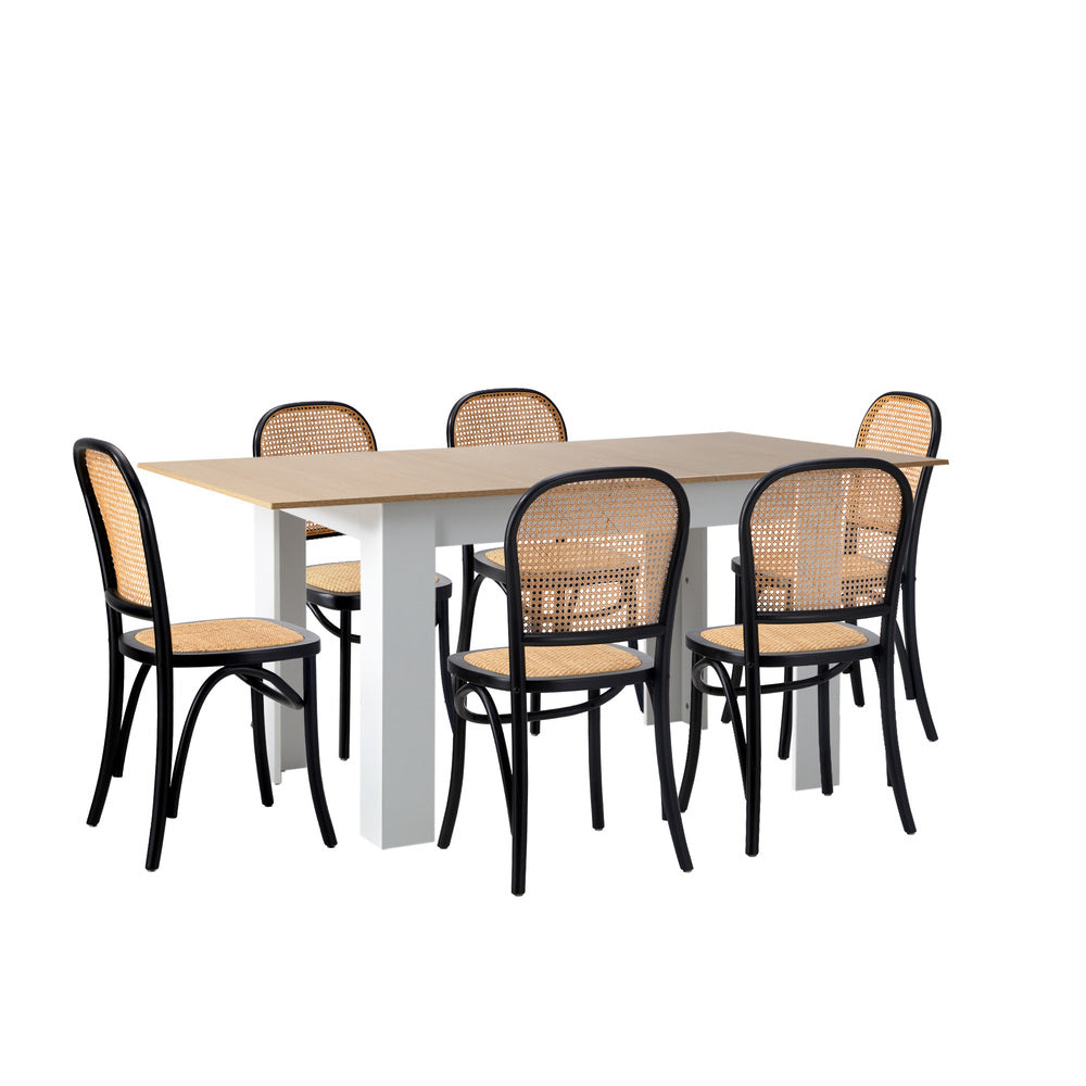 Oikiture 160cm Extendable Dining Table with 6PCS Chairs Rattan White-Dining Set-PEROZ Accessories