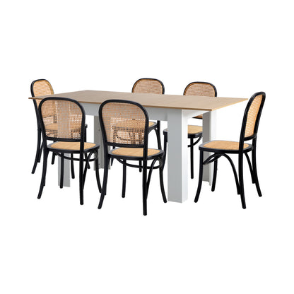 Oikiture 160cm Extendable Dining Table with 6PCS Chairs Rattan White-Dining Set-PEROZ Accessories