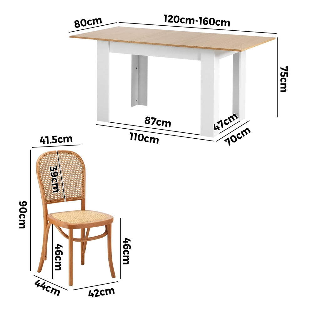 Oikiture 160cm Extendable Dining Table with 4PCS Chairs Rattan Natural-Dining Set-PEROZ Accessories