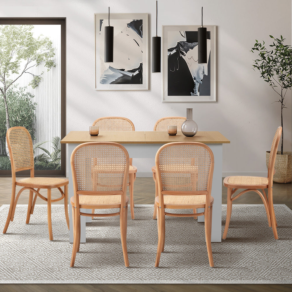Oikiture 160cm Extendable Dining Table with 6PCS Chairs Rattan Natural-Dining Set-PEROZ Accessories