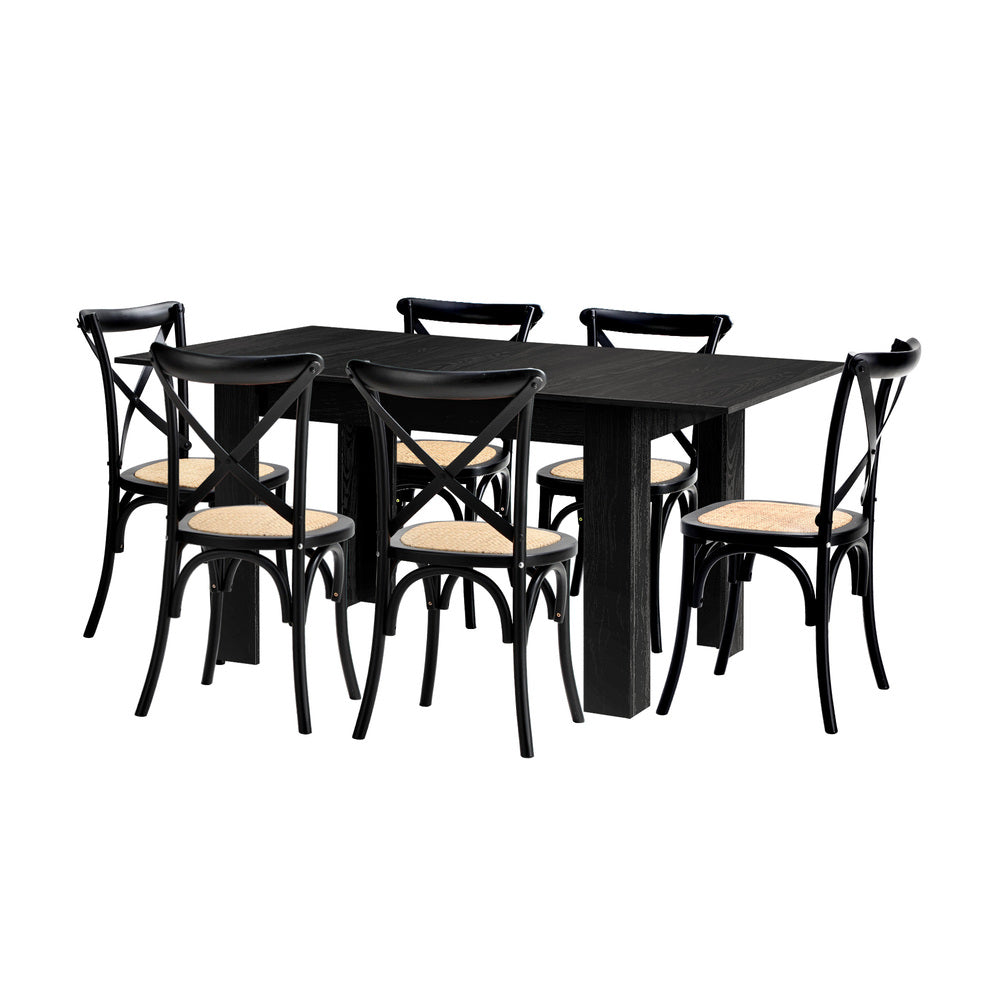 Oikiture 160cm Extendable Dining Table with 6PCS Dining Chairs Geometric Black-Dining Set-PEROZ Accessories