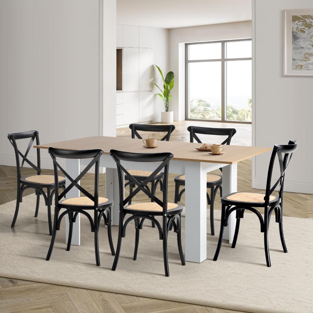 Oikiture 160cm Extendable Dining Table with 6PCS Chairs Crossback Black-Dining Sets-PEROZ Accessories