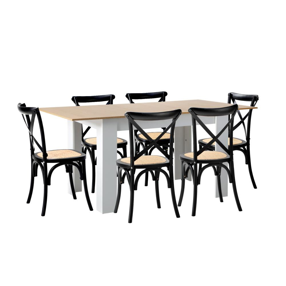 Oikiture 160cm Extendable Dining Table with 6PCS Chairs Crossback Black-Dining Sets-PEROZ Accessories