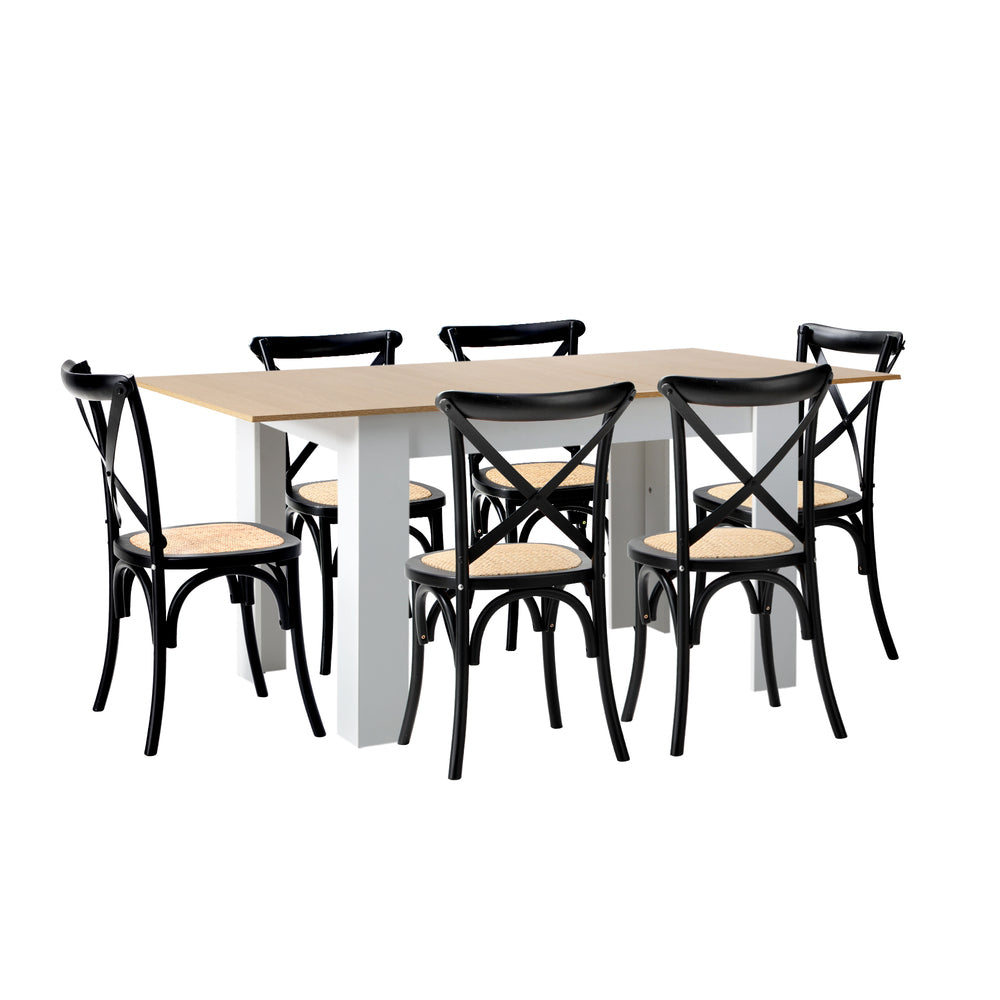 Oikiture 160cm Extendable Dining Table with 6PCS Chairs Crossback Black-Dining Sets-PEROZ Accessories