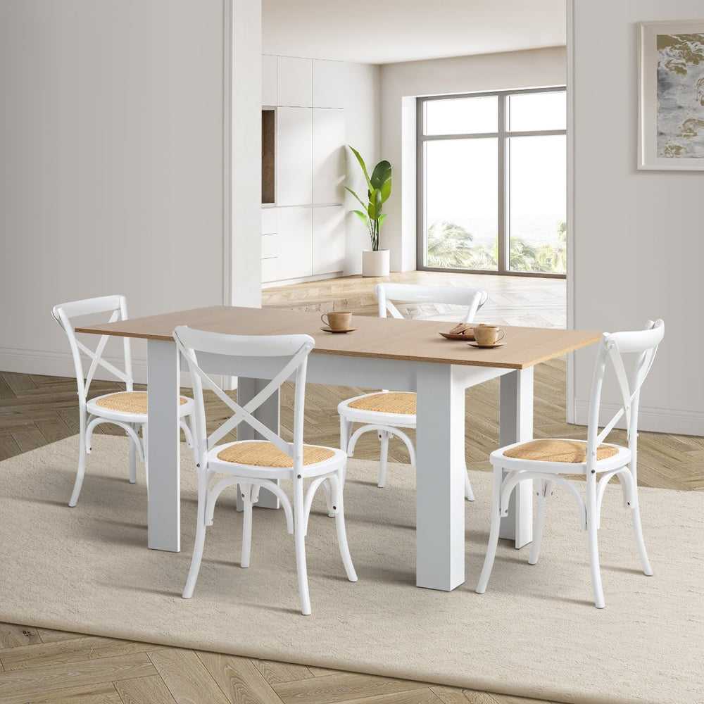 Oikiture 160cm Extendable Dining Table with 4PCS Chairs Crossback White-Dining Sets-PEROZ Accessories