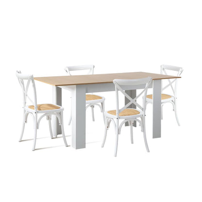 Oikiture 160cm Extendable Dining Table with 4PCS Chairs Crossback White-Dining Sets-PEROZ Accessories