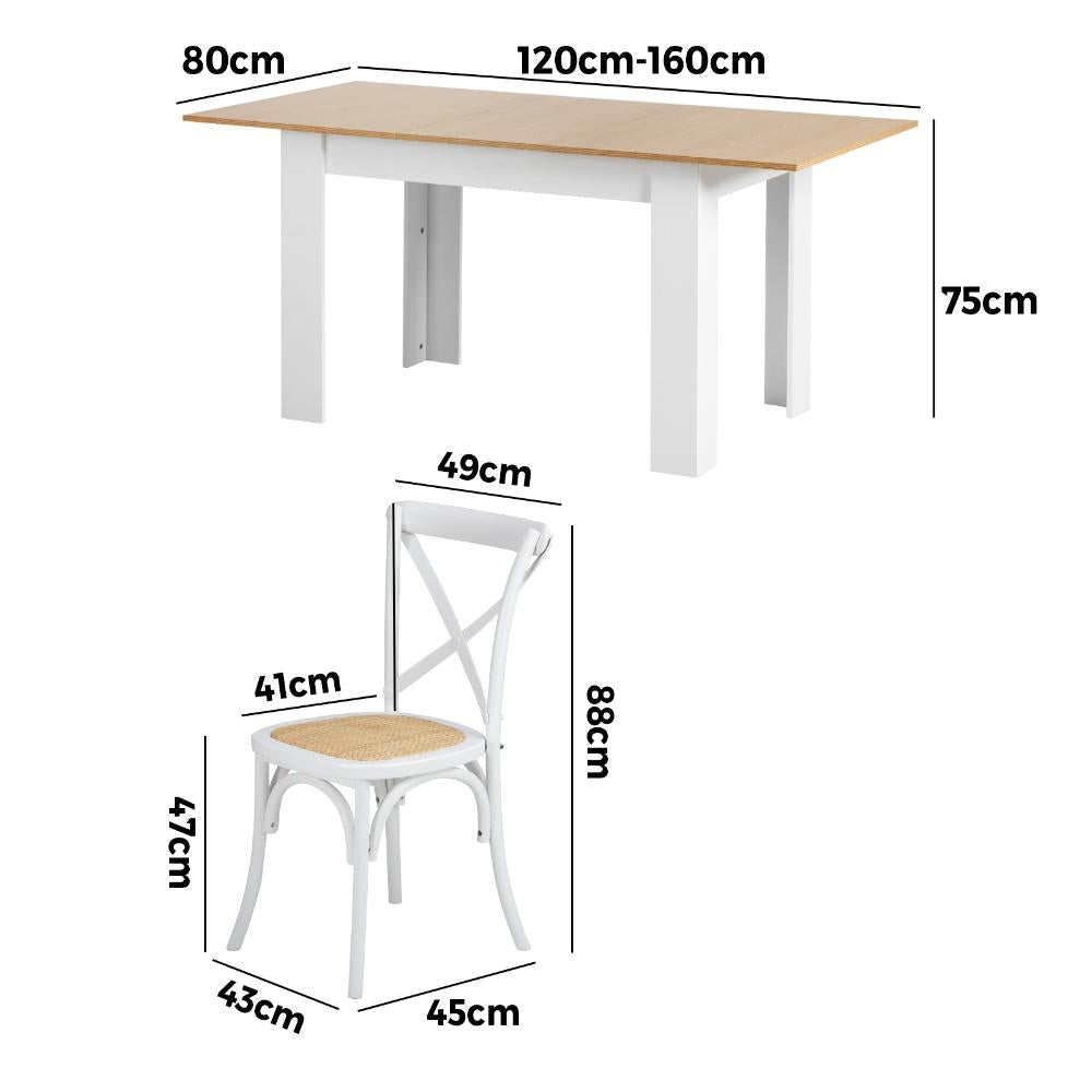 Oikiture 160cm Extendable Dining Table with 4PCS Chairs Crossback White-Dining Sets-PEROZ Accessories