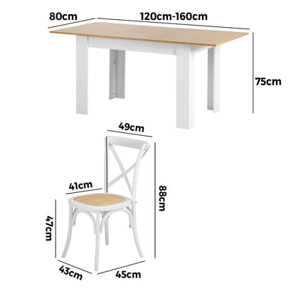 Oikiture 160cm Extendable Dining Table with 4PCS Chairs Crossback White-Dining Sets-PEROZ Accessories