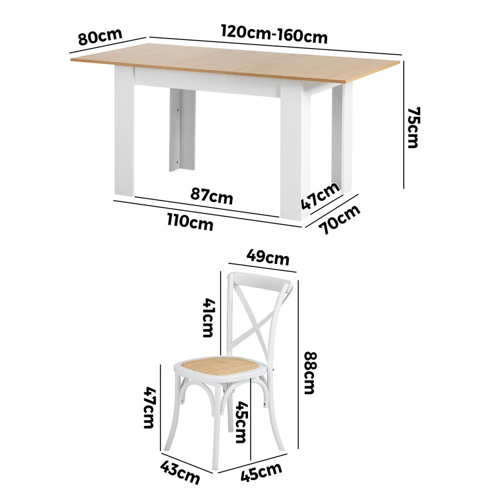 Oikiture 160cm Extendable Dining Table with 4PCS Chairs Crossback White-Dining Sets-PEROZ Accessories