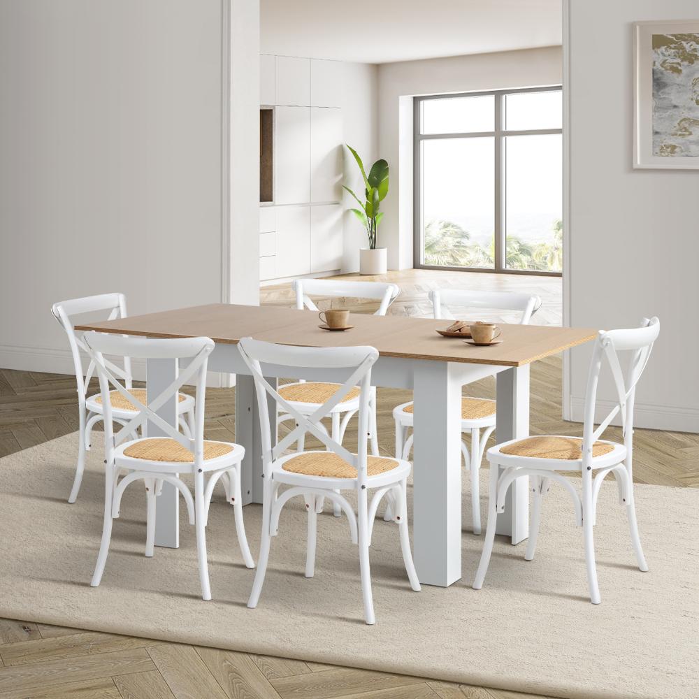 Oikiture 160cm Extendable Dining Table with 6PCS Chairs Crossback White-Dining Sets-PEROZ Accessories