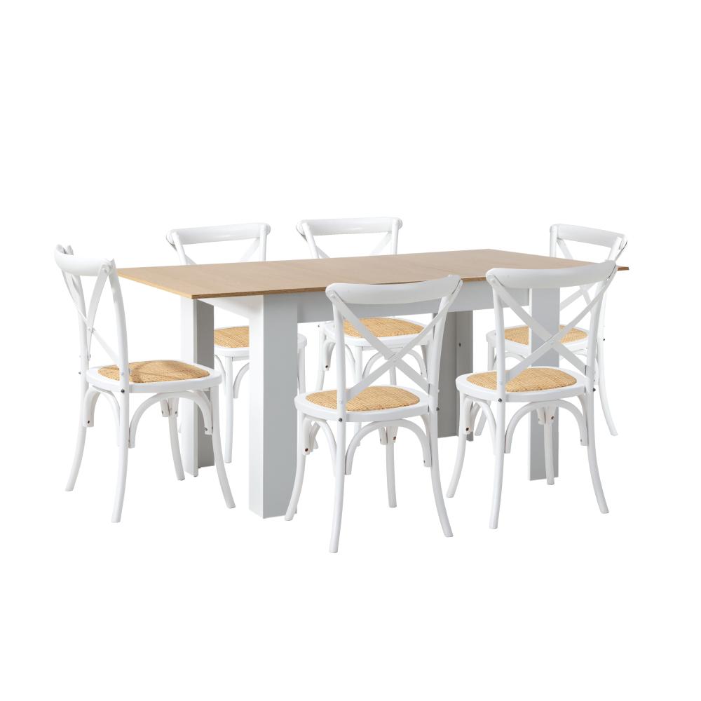 Oikiture 160cm Extendable Dining Table with 6PCS Chairs Crossback White-Dining Sets-PEROZ Accessories