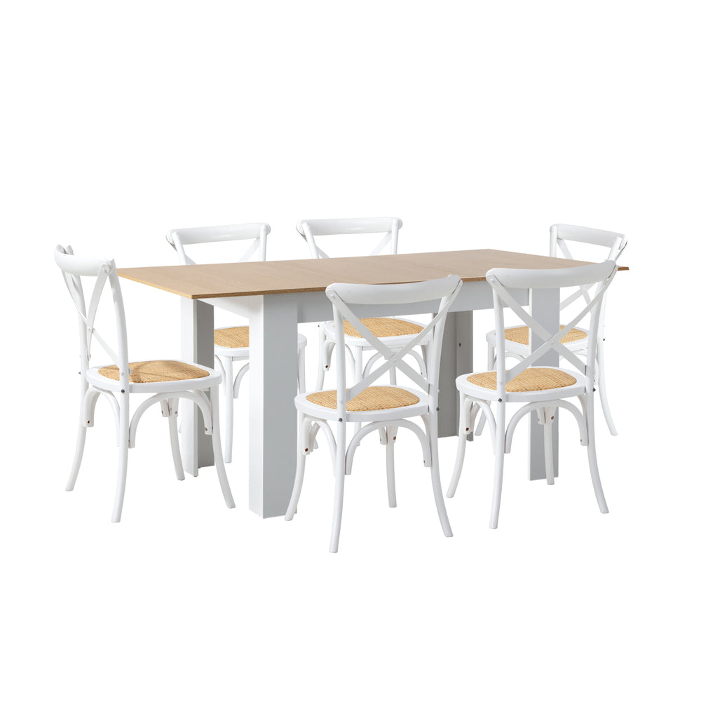 Oikiture 160cm Extendable Dining Table with 6PCS Chairs Crossback White-Dining Sets-PEROZ Accessories