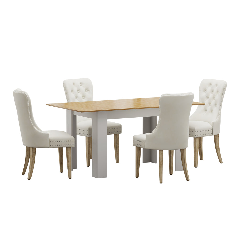 Oikiture 160cm Extendable Dining Table with 4PCS Chairs Velvet Beige-Dining Sets-PEROZ Accessories