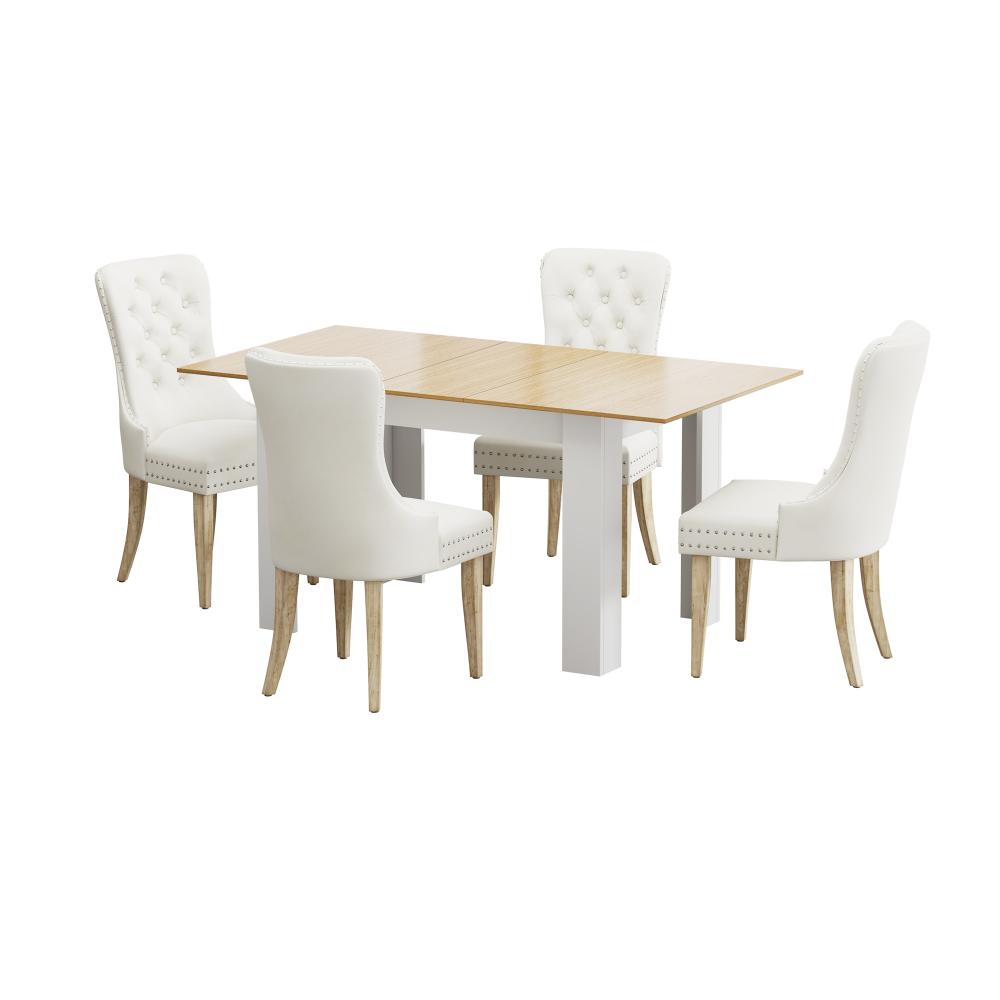 Oikiture 160cm Extendable Dining Table with 4PCS Chairs Velvet Beige-Dining Sets-PEROZ Accessories