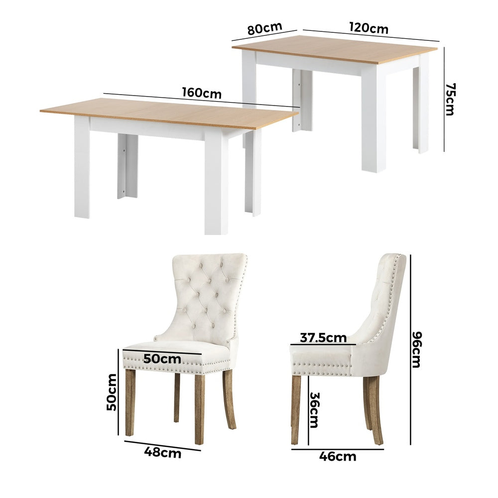 Oikiture 160cm Extendable Dining Table with 6PCS Chairs Velvet Beige-Dining Sets-PEROZ Accessories