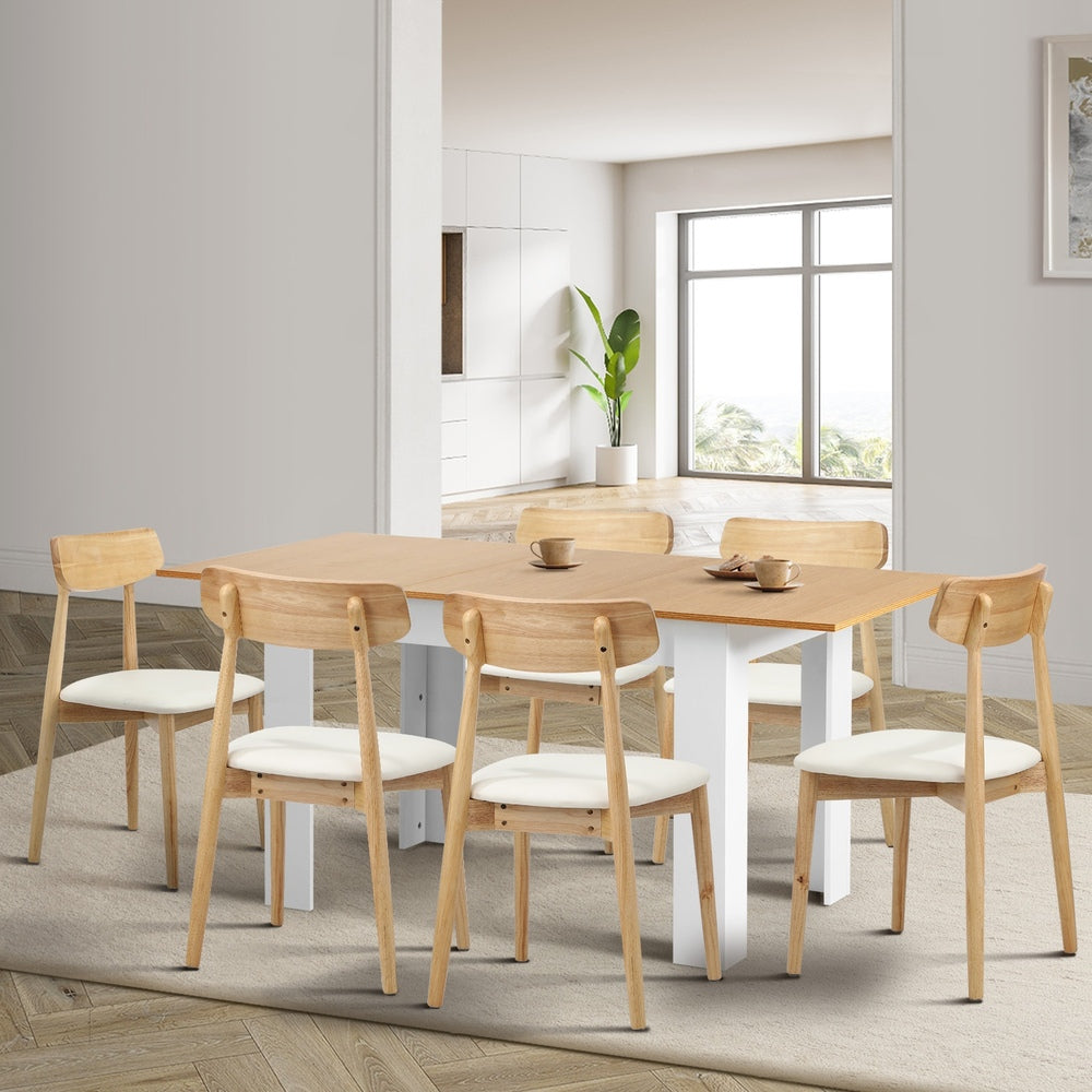 Oikiture 160cm Extendable Dining Table with 6x Dining Chairs PU Leather White-Dining Set-PEROZ Accessories