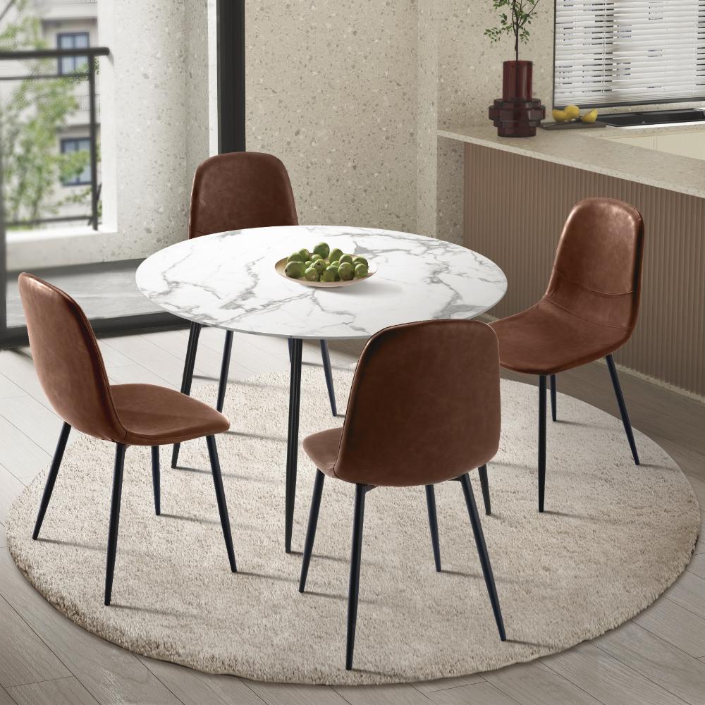 Oikiture Round Dining Table &amp; 4PCS Dining Chairs PU Brown-Dining Sets-PEROZ Accessories