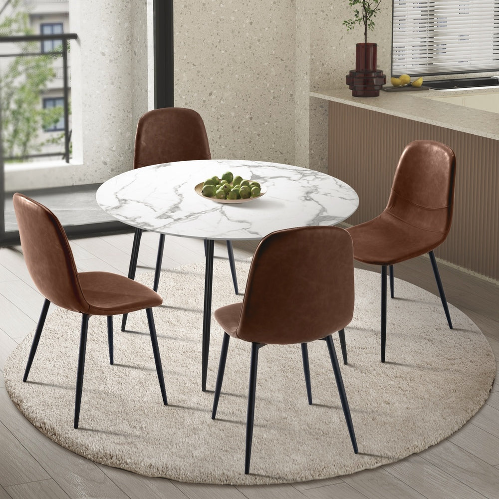 Oikiture Round Dining Table &amp; 4PCS Dining Chairs PU Brown-Dining Sets-PEROZ Accessories