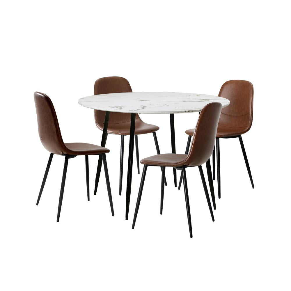 Oikiture Round Dining Table &amp; 4PCS Dining Chairs PU Brown-Dining Sets-PEROZ Accessories