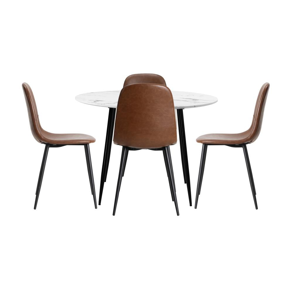 Oikiture Round Dining Table &amp; 4PCS Dining Chairs PU Brown-Dining Sets-PEROZ Accessories