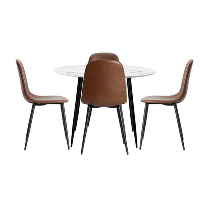 Oikiture Round Dining Table &amp; 4PCS Dining Chairs PU Brown-Dining Sets-PEROZ Accessories