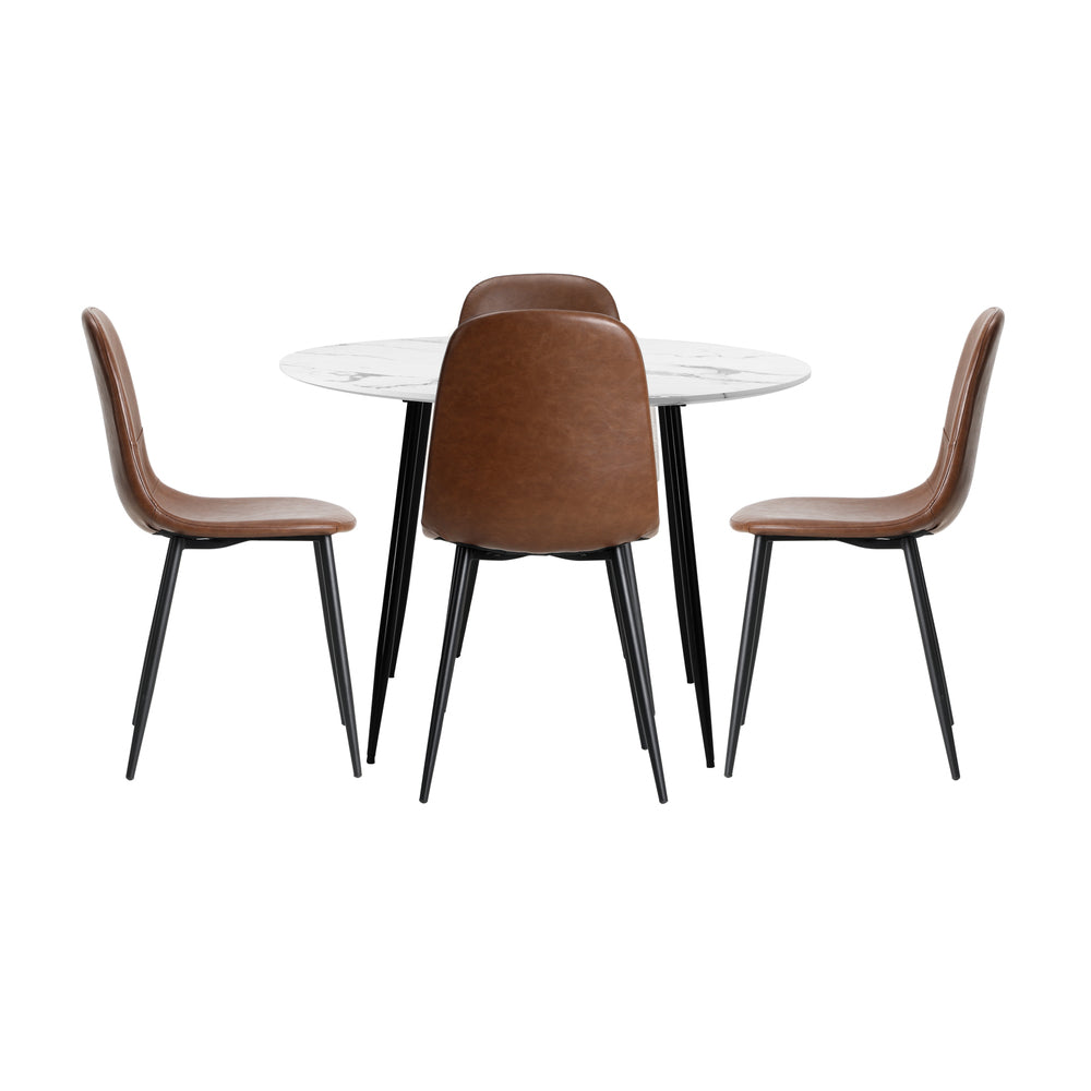 Oikiture Round Dining Table &amp; 4PCS Dining Chairs PU Brown-Dining Sets-PEROZ Accessories