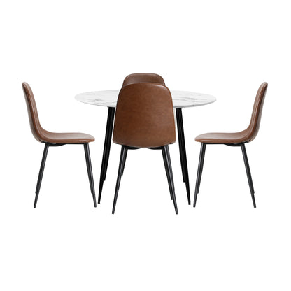 Oikiture Round Dining Table &amp; 4PCS Dining Chairs PU Brown-Dining Sets-PEROZ Accessories