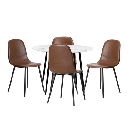 Oikiture Round Dining Table &amp; 4PCS Dining Chairs PU Brown-Dining Sets-PEROZ Accessories