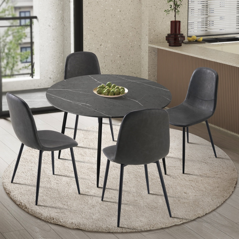 Oikiture 110cm Round Dining Table with 4PCS Dining Chairs PU Grey & Black-Dining Set-PEROZ Accessories