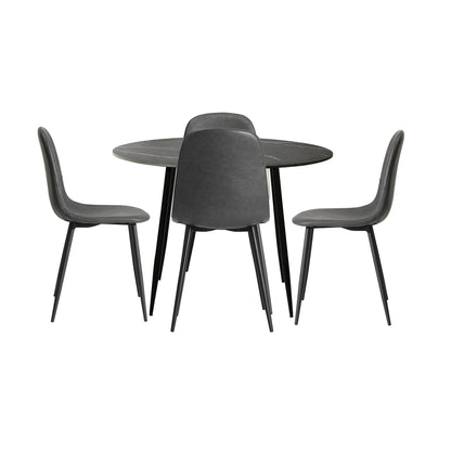 Oikiture 110cm Round Dining Table with 4PCS Dining Chairs PU Grey &amp; Black-Dining Set-PEROZ Accessories