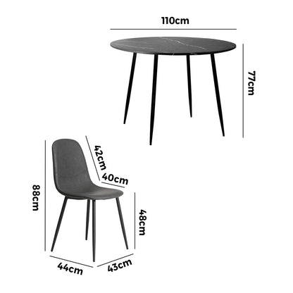 Oikiture 110cm Round Dining Table with 4PCS Dining Chairs PU Grey &amp; Black-Dining Set-PEROZ Accessories