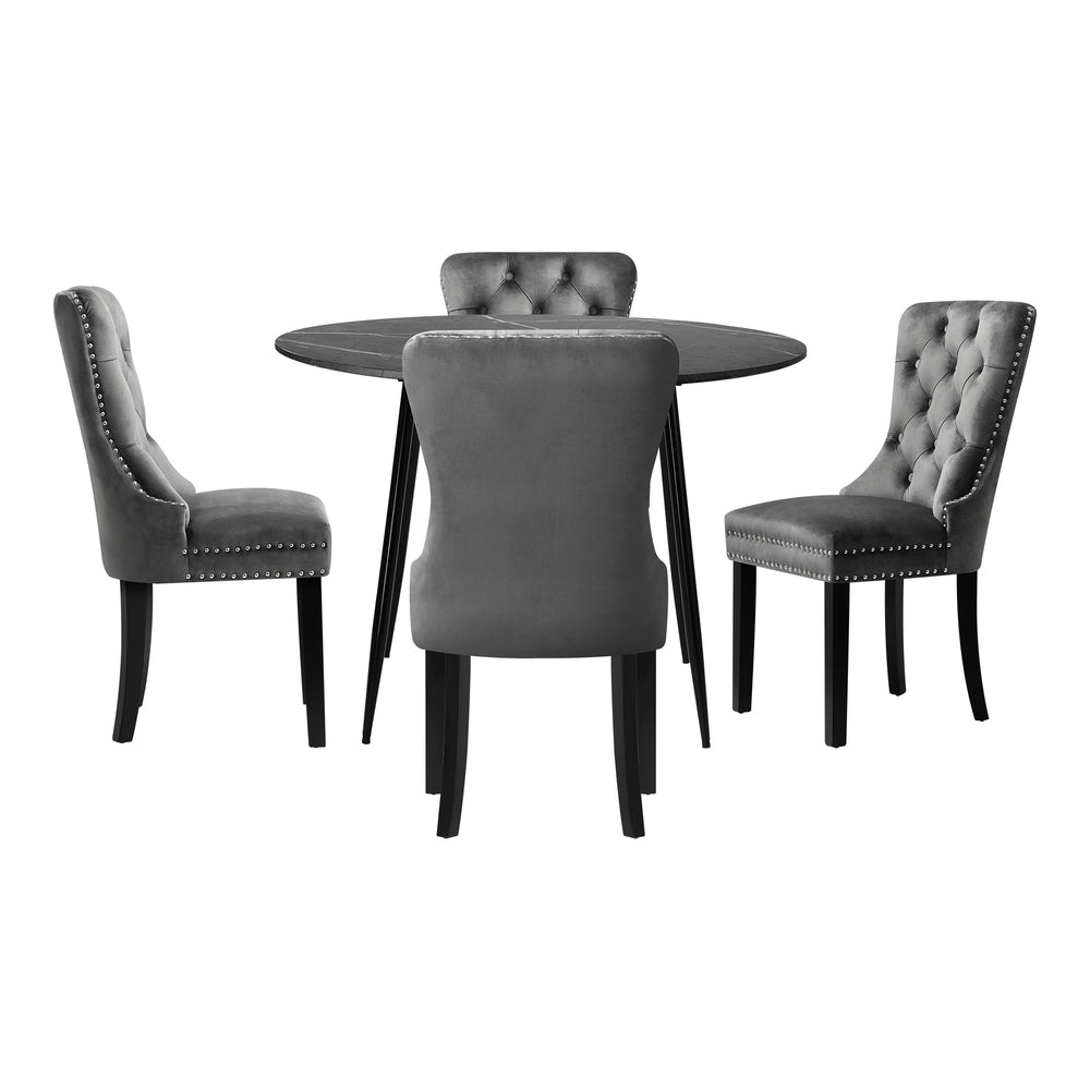 Oikiture 110cm Round Dining Table with 4 Dining Chairs Velvet Grey-Dining Set-PEROZ Accessories