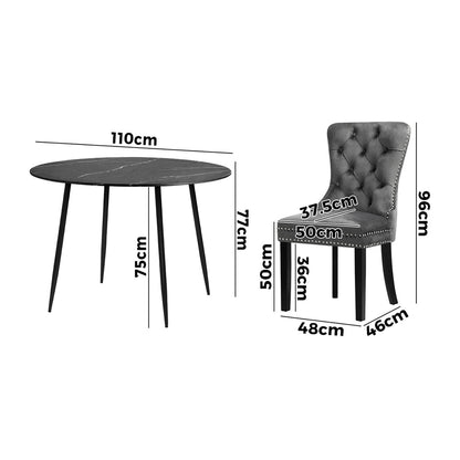 Oikiture 110cm Round Dining Table with 4 Dining Chairs Velvet Grey-Dining Set-PEROZ Accessories