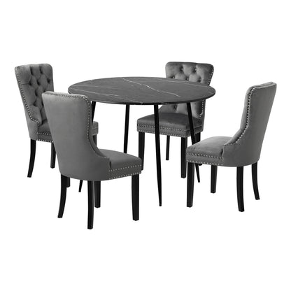 Oikiture 110cm Round Dining Table with 4 Dining Chairs Velvet Grey-Dining Set-PEROZ Accessories