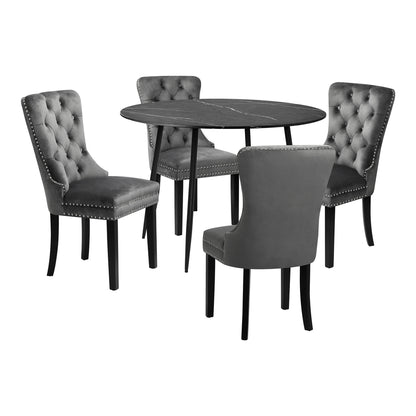 Oikiture 110cm Round Dining Table with 4 Dining Chairs Velvet Grey-Dining Set-PEROZ Accessories