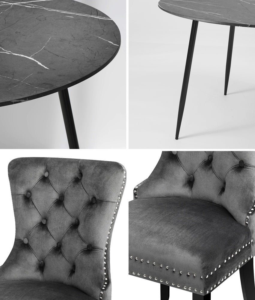 Oikiture 110cm Round Dining Table with 4 Dining Chairs Velvet Grey-Dining Set-PEROZ Accessories