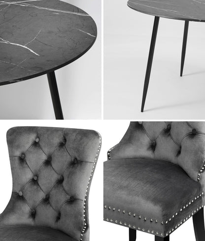 Oikiture 110cm Round Dining Table with 4 Dining Chairs Velvet Grey-Dining Set-PEROZ Accessories