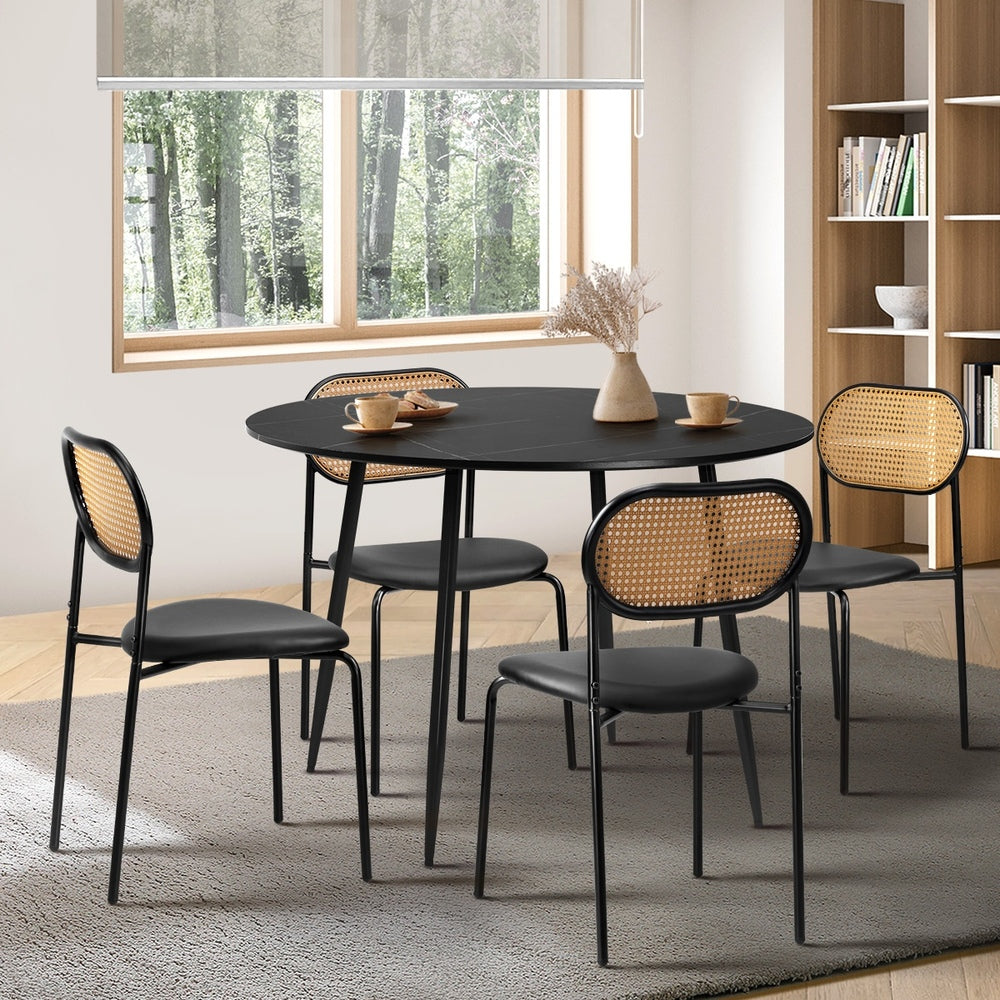 Oikiture 110cm Round Dining Table with 4PCS Dining Chairs PU Leather Black-Dining Set-PEROZ Accessories