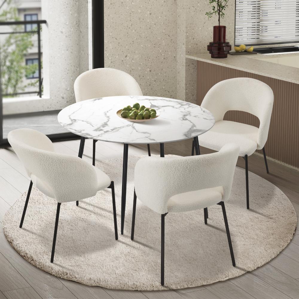 Oikiture 110cm Round Dining Table with 4PCS Dining Chairs Sherpa White-Dining Table and Chairs-PEROZ Accessories
