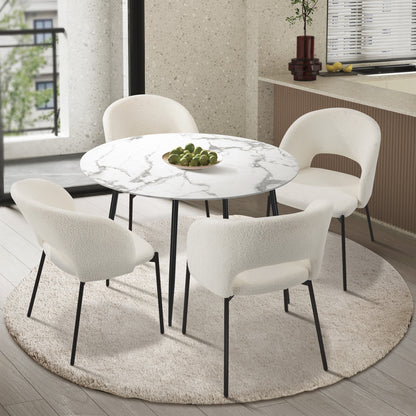 Oikiture 110cm Round Dining Table with 4PCS Dining Chairs Sherpa White-Dining Table and Chairs-PEROZ Accessories