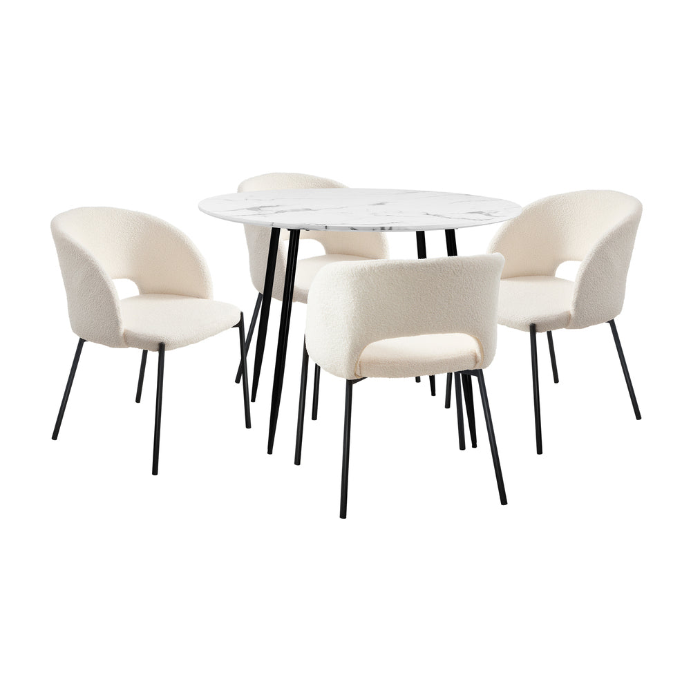 Oikiture 110cm Round Dining Table with 4PCS Dining Chairs Sherpa White-Dining Table and Chairs-PEROZ Accessories