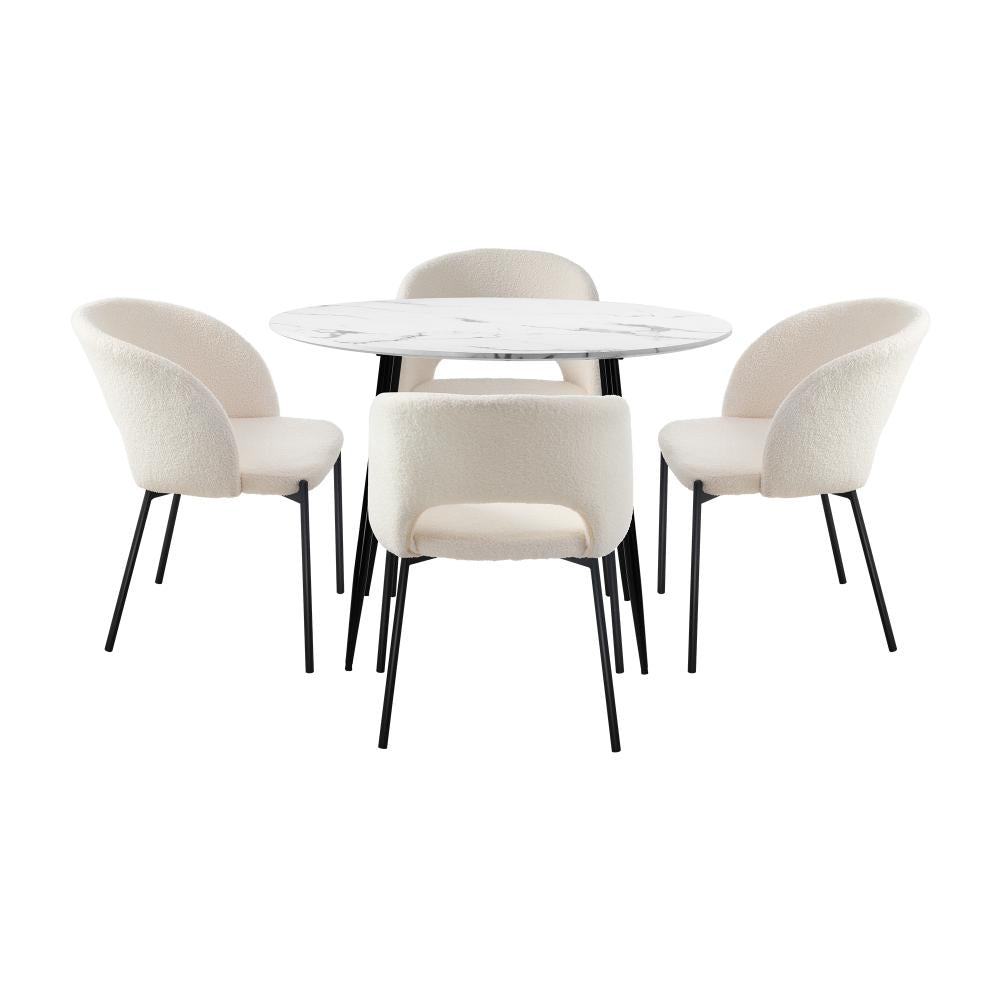 Oikiture 110cm Round Dining Table with 4PCS Dining Chairs Sherpa White-Dining Table and Chairs-PEROZ Accessories