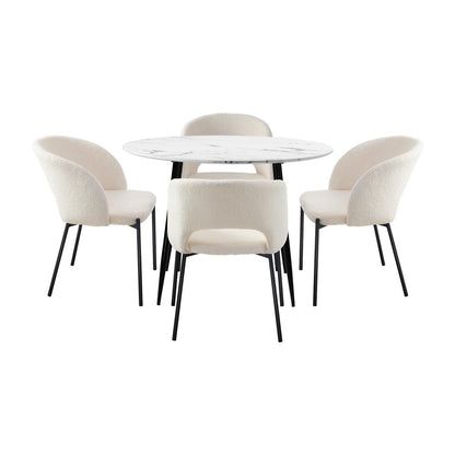 Oikiture 110cm Round Dining Table with 4PCS Dining Chairs Sherpa White-Dining Table and Chairs-PEROZ Accessories