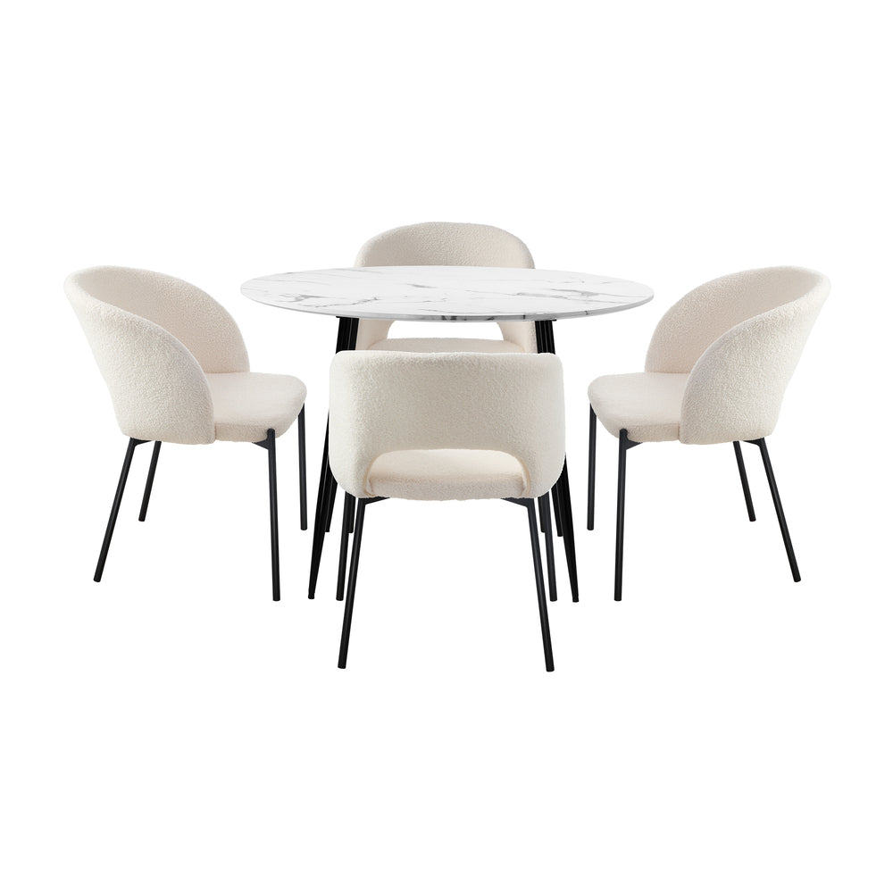 Oikiture 110cm Round Dining Table with 4PCS Dining Chairs Sherpa White-Dining Table and Chairs-PEROZ Accessories