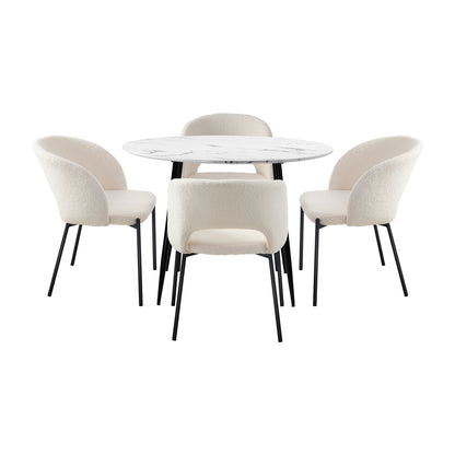 Oikiture 110cm Round Dining Table with 4PCS Dining Chairs Sherpa White-Dining Table and Chairs-PEROZ Accessories