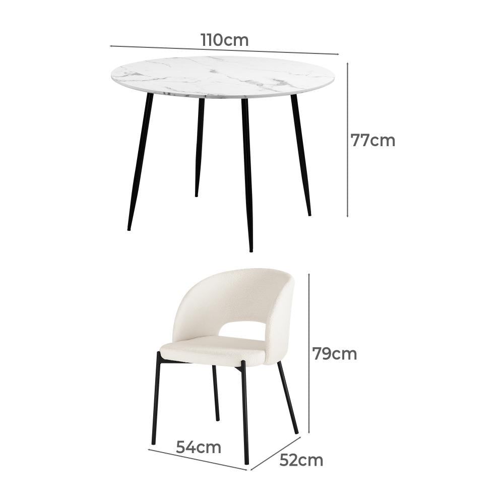 Oikiture 110cm Round Dining Table with 4PCS Dining Chairs Sherpa White-Dining Table and Chairs-PEROZ Accessories